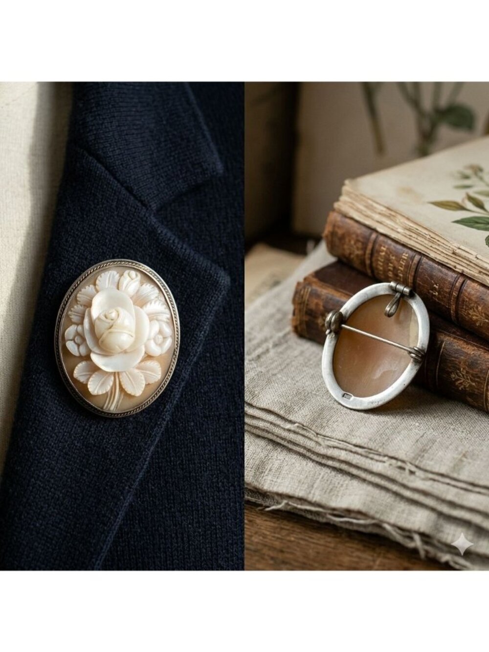 Vintage European 900 Silver Hand-Carved Shell Floral Cameo Brooch / Pendant